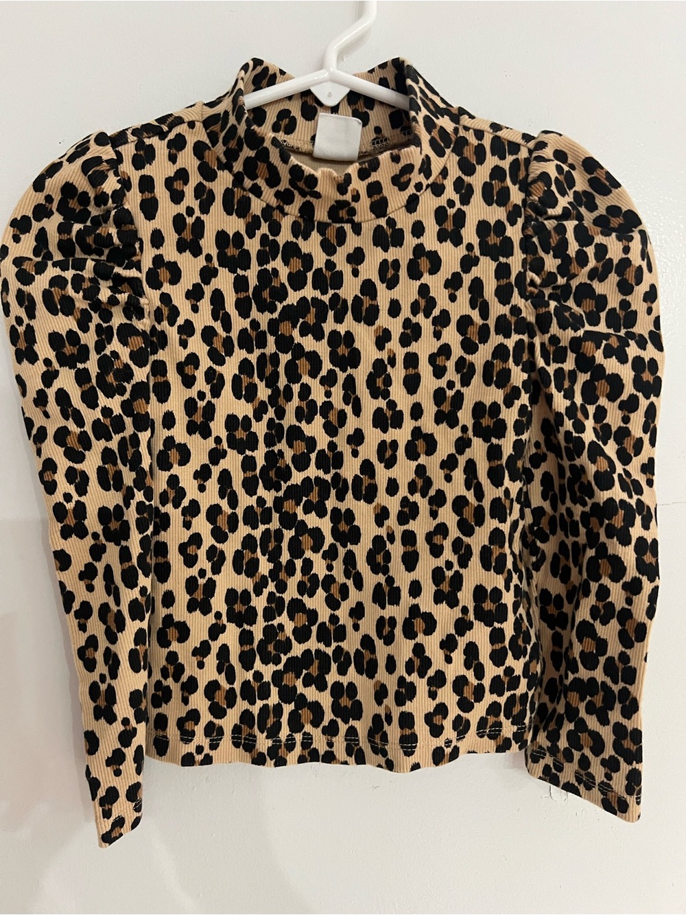 GAP Beige and Black Leopard Print Long Sleeve Top with Puff Shoulders